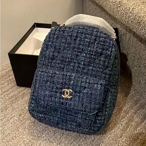 CHANEL Navy Tweed Mini Backpack with Gold CC Emblem